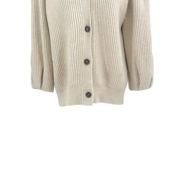 G. Label by GOOP Foster Ribbed Puff Sleeve Cardigan Sweater Ivory Merino Wool - Picture 8 of 11